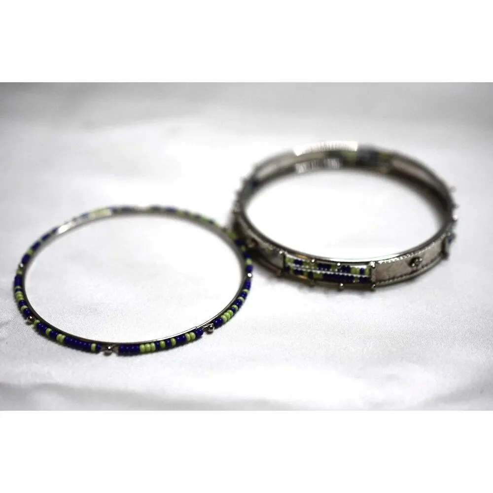 Lovely 2pc Silver Tone Inlaid Blue/Lime Green Glass Seed Beads 6